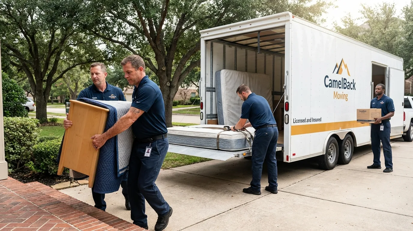 Crew loading residential truck for cross-state move from Center Point, IA