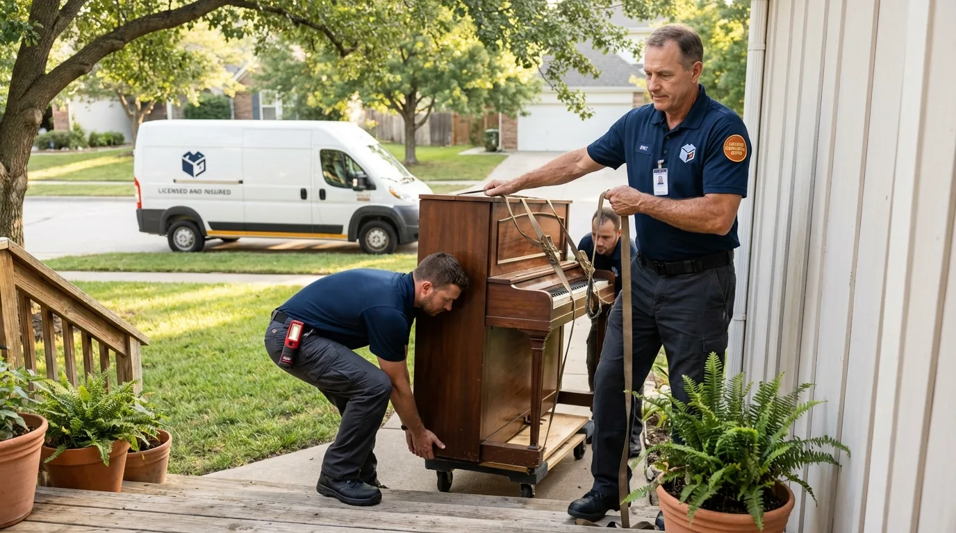 Licensed piano movers securing grand piano in Center Point, IA