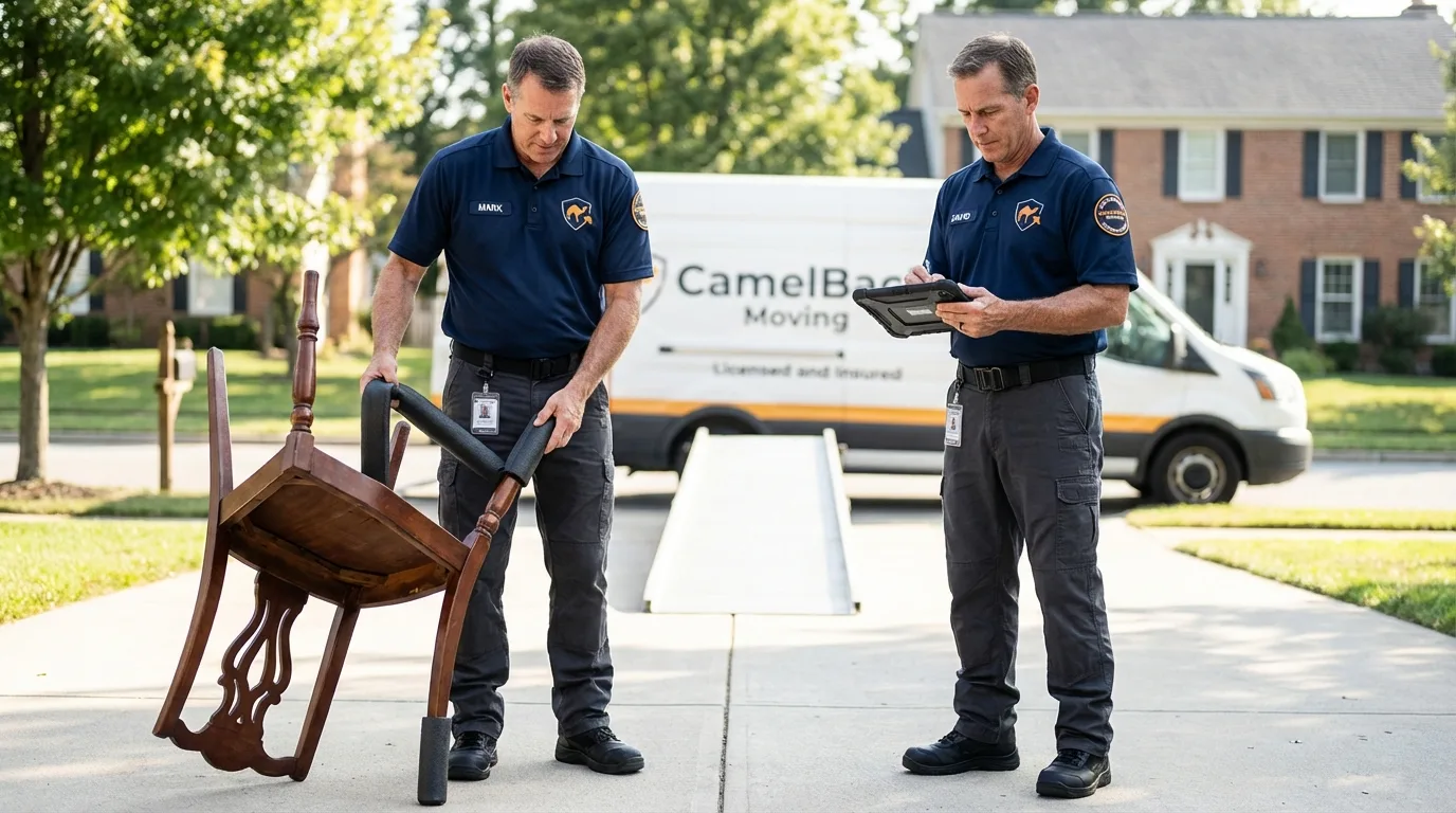 Movers inspecting furniture for damage prevention before loading in Center Point, IA