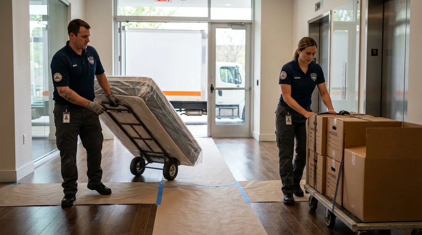 Professional apartment movers loading elevator in Center Point, IA