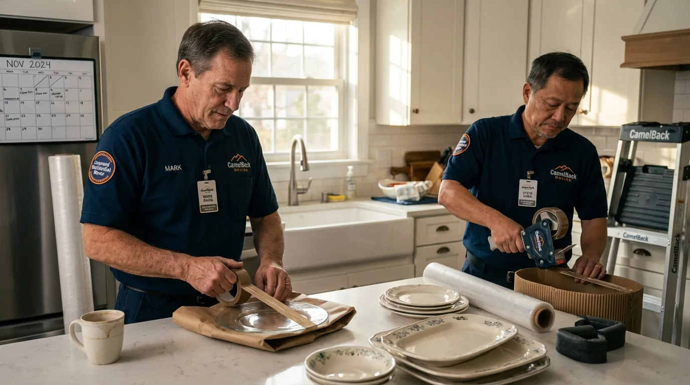 Professional crew packing kitchen dishware in Center Point, IA